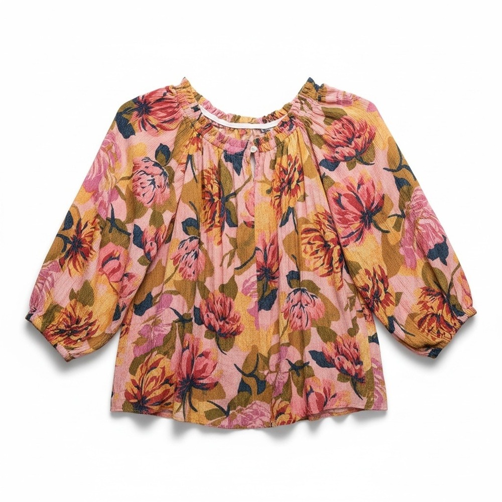 Floral Peasant Blouse 1X Pink Rayon Boho Cottagecore Top